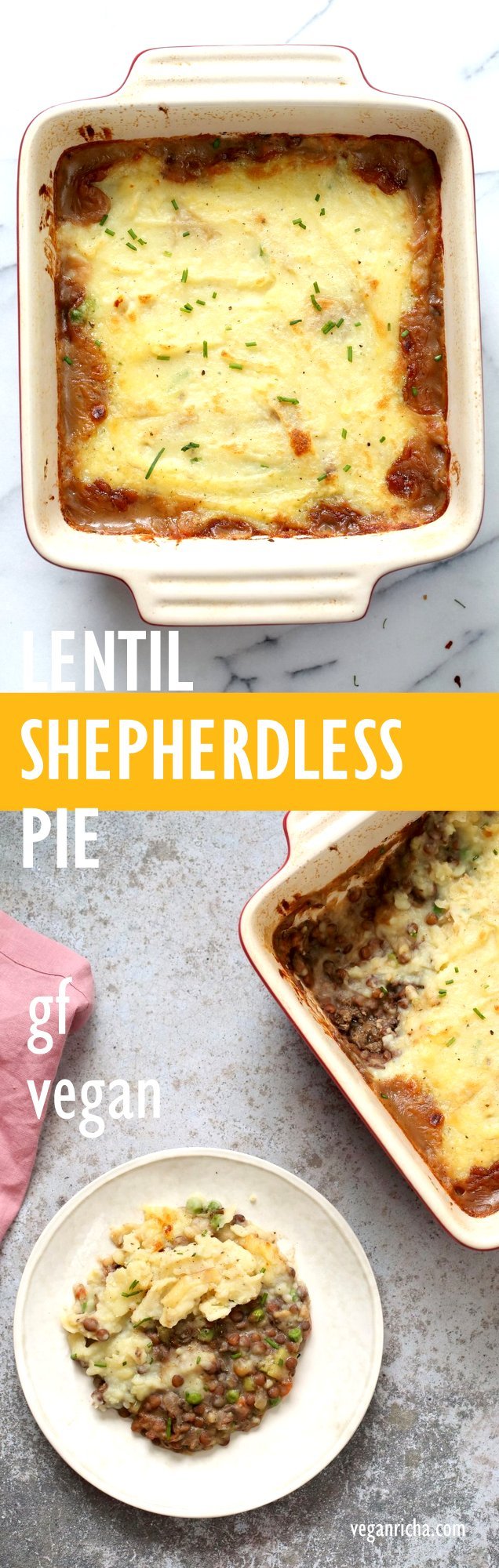 Vegan Shepherd's Pie - Mushroom and Lentil Shepherdless Pie with Gravy and Garlic mashed potatoes. #Vegan #Glutenfree #Recipe. Can be soy-free. #veganricha | VeganRicha.com