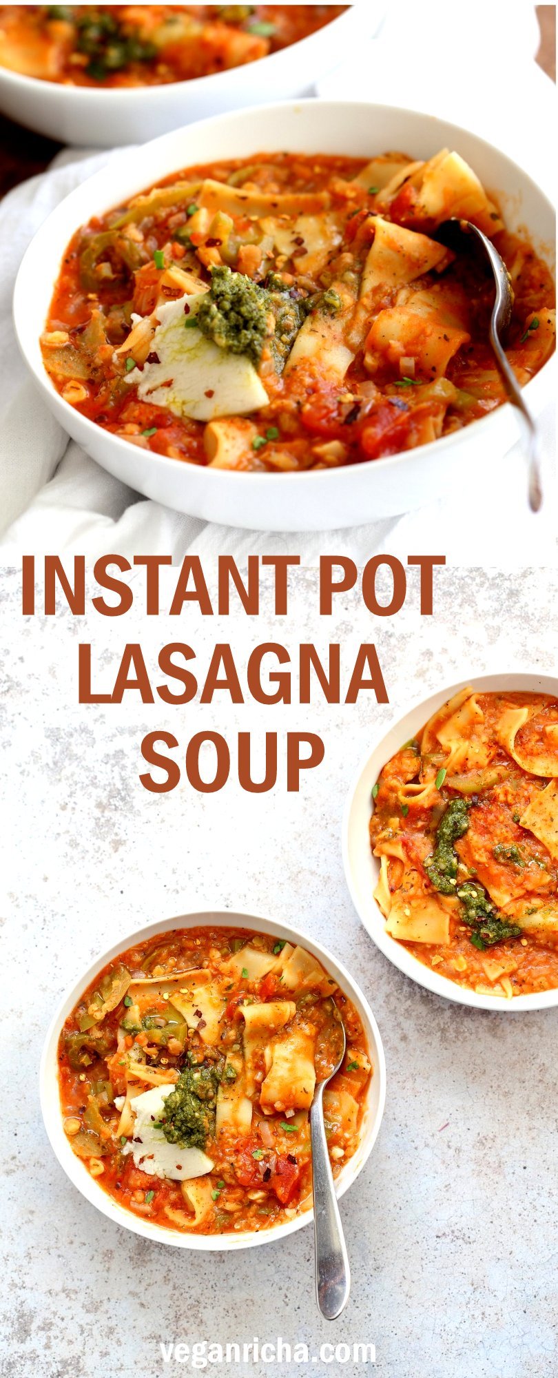 Instant Pot Lasagna Soup - Vegan Lasagna Soup with lasagna noodles, veggies, red lentils and basil. 1 Pot weekday meal. Saucepan option #Vegan #Nutfree #Recipe. Can be #glutenfree. #veganricha | VeganRicha.com