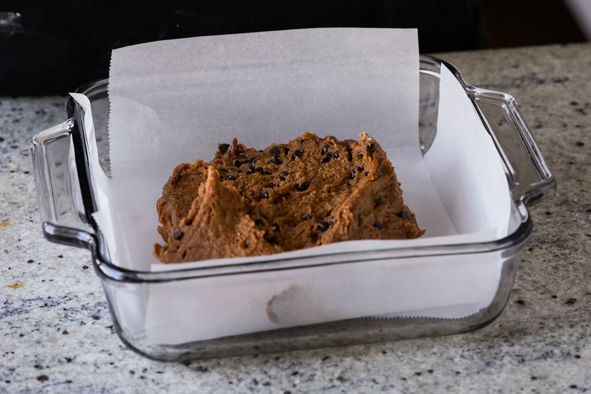 vegan blondies batter in the baking pan