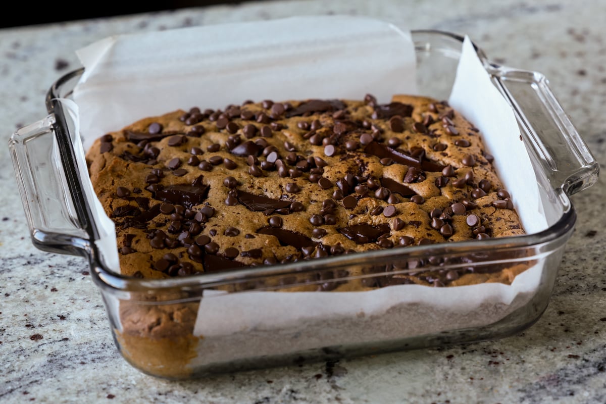 almond butter blondies in the pan after baking