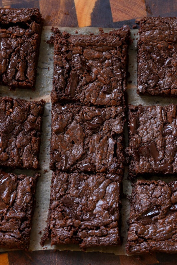 sliced almond butter brownies on the cutting board