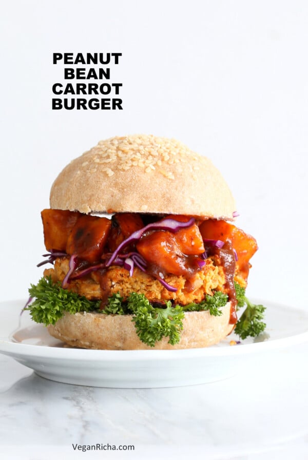 White Bean Burgers with Carrots, Peanuts and thai flavors. Topped with sweet and sour Butternut squash. Asian Peanut Bean Burgers. Vegan Gluten free Option | VeganRicha.com