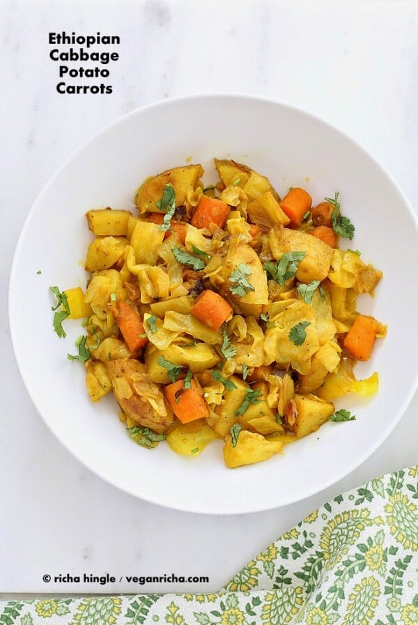 Atakilt Wat - Ethiopian Cabbage Potato Carrots. Easy spiced side full of amazing flavor. free of Dairy, egg, corn, soy, yeast, nut, gluten, grain. #glutenfree #veganricha #vegan