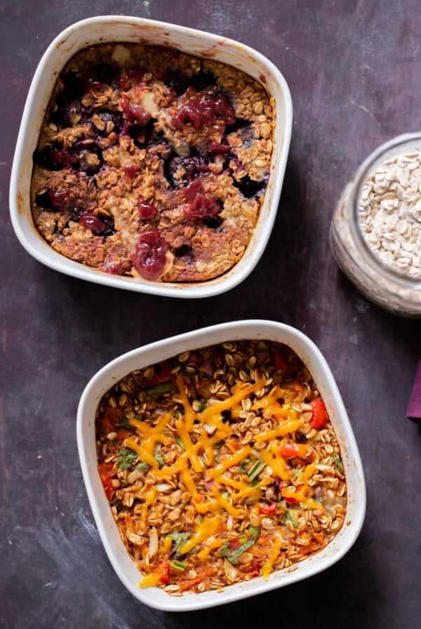 overhead photo of PBJ baked oats and Tex-Mex baked oats in the baking dishes, after baking