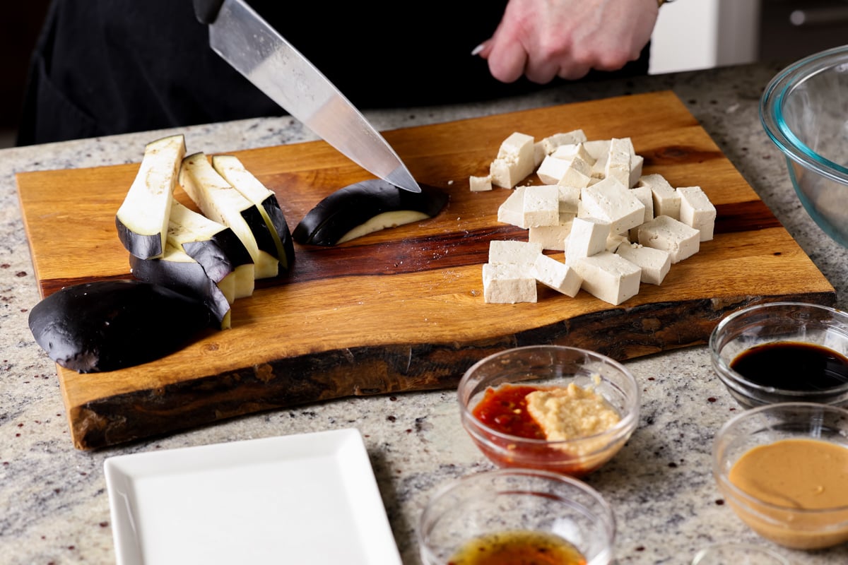 slicing the eggplant