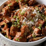 close-up of eggplant and tofu in the bowl with rice with all of the toppings