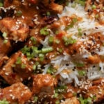 extreme close-up of eggplant and tofu in the bowl with rice with all of the toppings