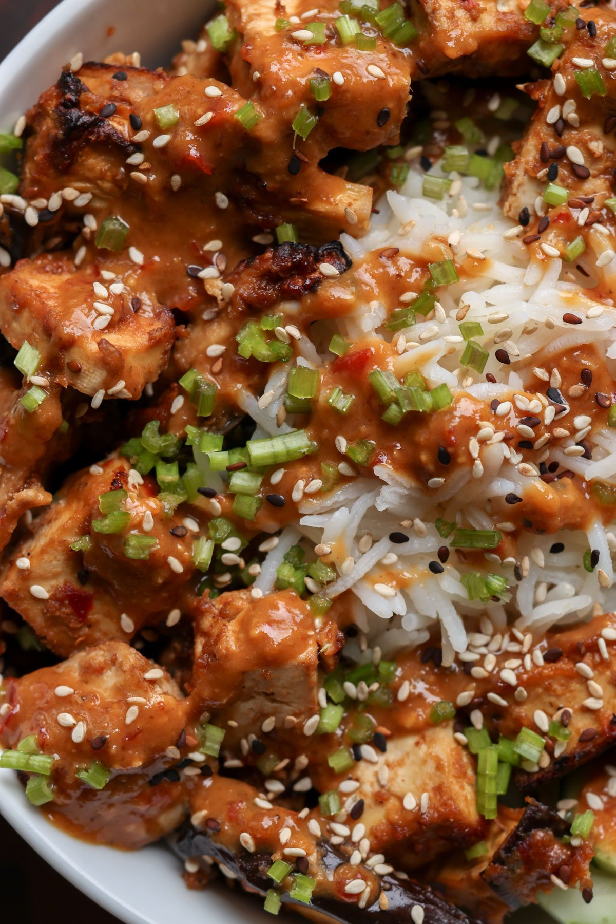 extreme close-up of eggplant and tofu in the bowl with rice with all of the toppings