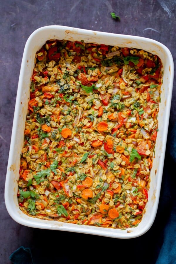 savory baked oats mixed up in the pan before baking