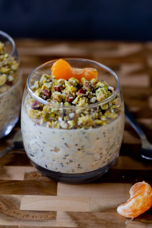 baklava overnight oats topped with nuts and oranges