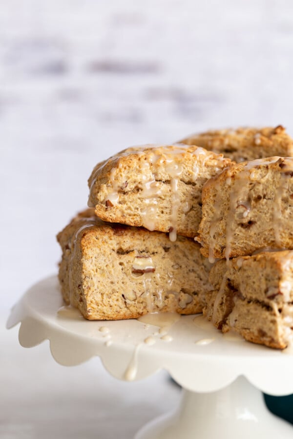 vegan banana scones on a cake stand