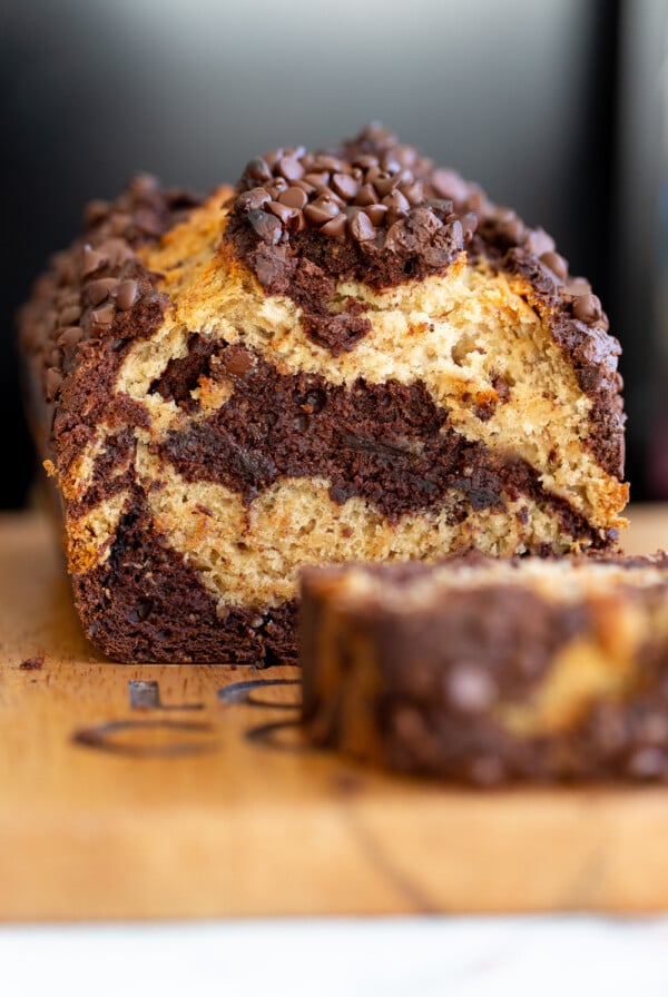 a sliced loaf of vegan marbled chocolate banana bread