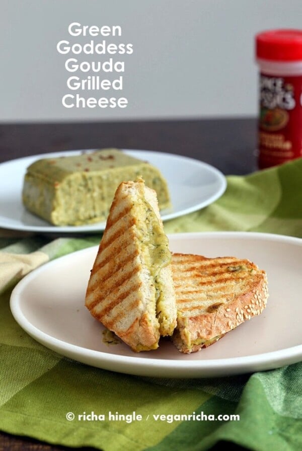 Green Goddess Gouda Vegan Cheese and Grilled Cheese Sandwich! smoky smooth herbed gouda! Dairy-free soy-free recipe #vegan #glutenfree #veganricha