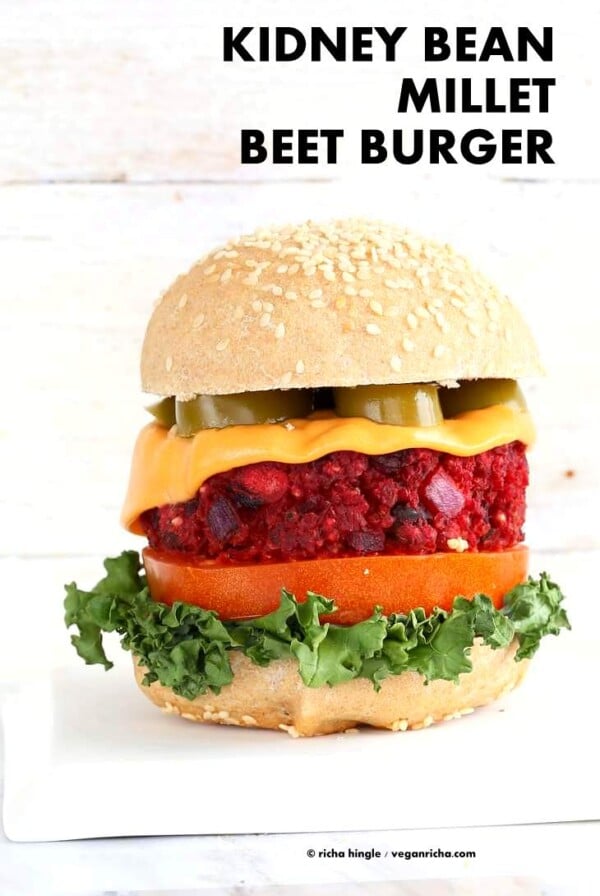 Kidney Bean Millet Beet Burger. Veggie Burgers with Beet, beans and millet (or quinoa). Bake or pan fry and serve with vegan cheese and garnishes of choice. Vegan Burger patties. Soyfree, gluten-free patties. | VeganRicha.com #glutenfree #veganricha #vegan