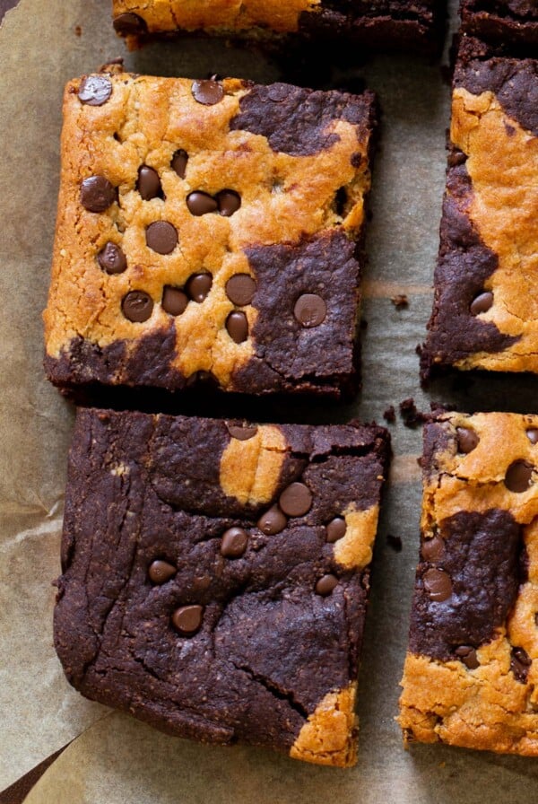 close-up of sliced pieces of brookie on parchment paper