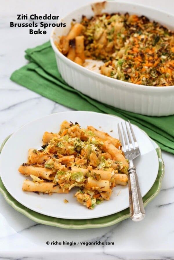 The shaved brussels in this pasta get caramelized with salt and pepper. The melty cheddar mixed in adds a great offset. #glutenfree #veganricha #vegan