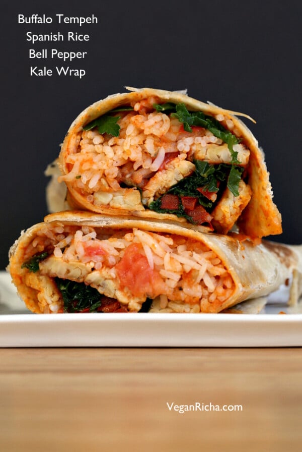 These Vegan Buffalo Tempeh Wrap s are paired with spanish rice, peppers and kale for a fantastic meal. Use gluten-free wraps to make them gluten free.