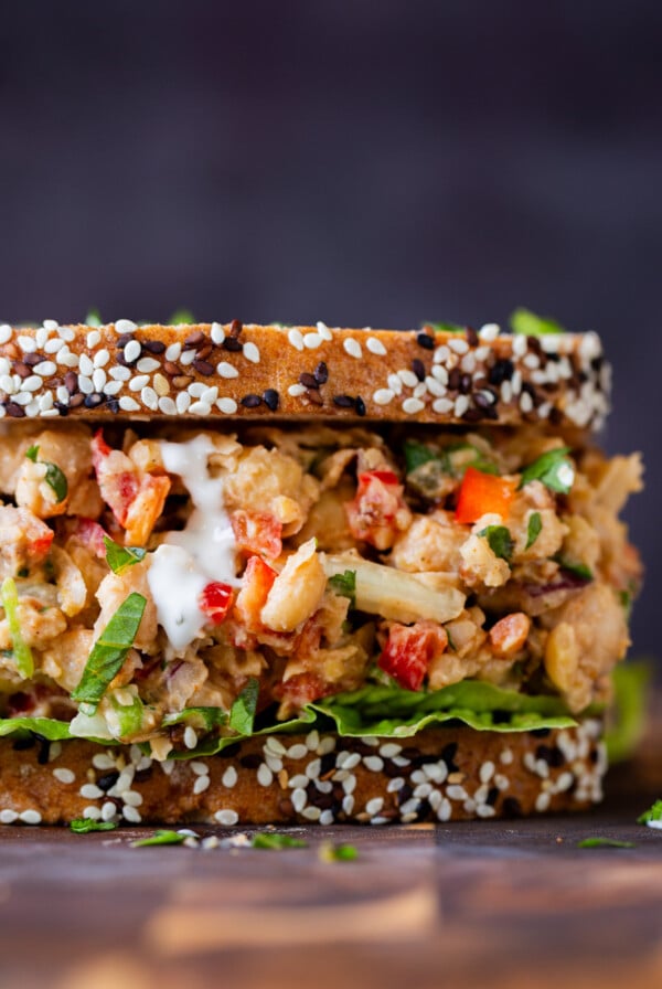 close-up of the cajun chickpea salad sandwich, so you can really see the creamy texture