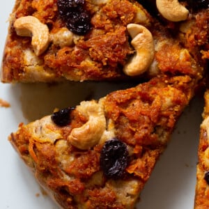 overhead photo of a slice of carrot halwa cake