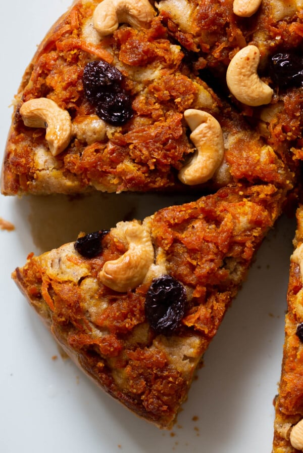 overhead photo of a slice of carrot halwa cake