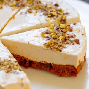 close-up of carrot cake cheesecake cut into slices