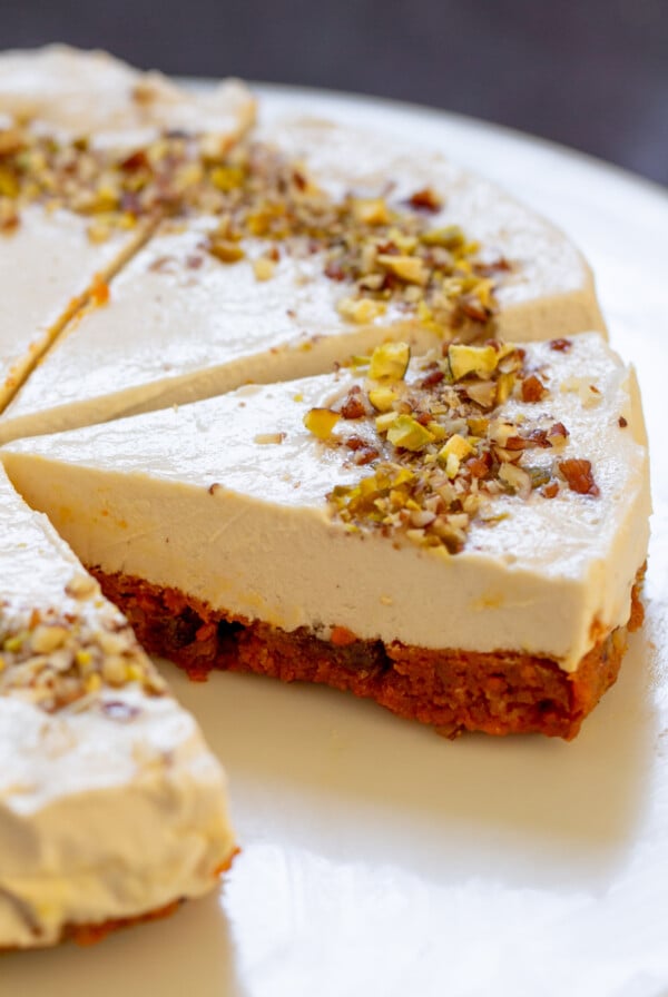 close-up of carrot cake cheesecake cut into slices