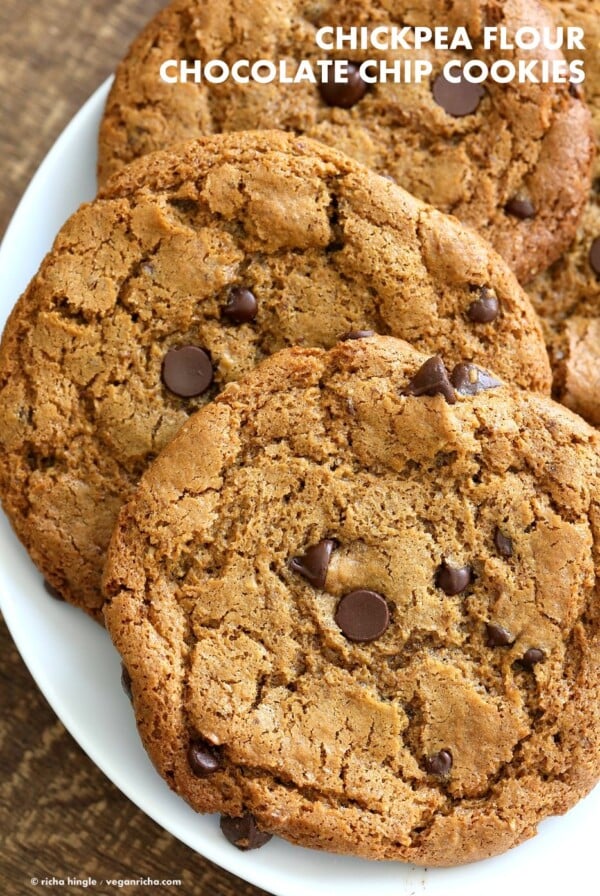 Chickpea Flour Chocolate Chip Cookies. Huge chewy and a perfect treat. These cookies need 1 Bowl, are grain-free, gluten-free vegan and can be made nut-free. | VeganRicha.com #glutenfree #veganricha #vegan