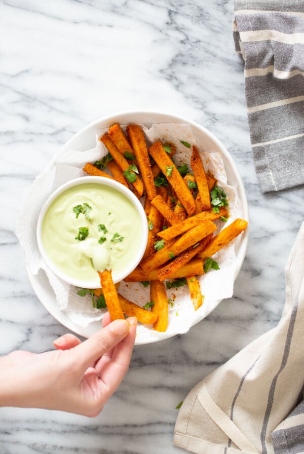 vegan chickpea fries served with cilantro lime dip