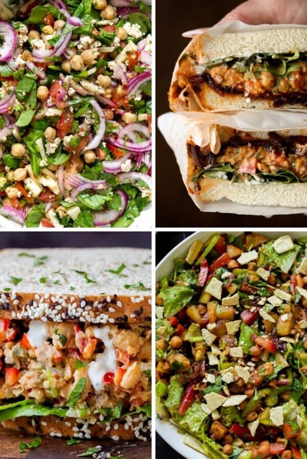 image collage of vegan chickpea salads and chickpea salad sandwiches