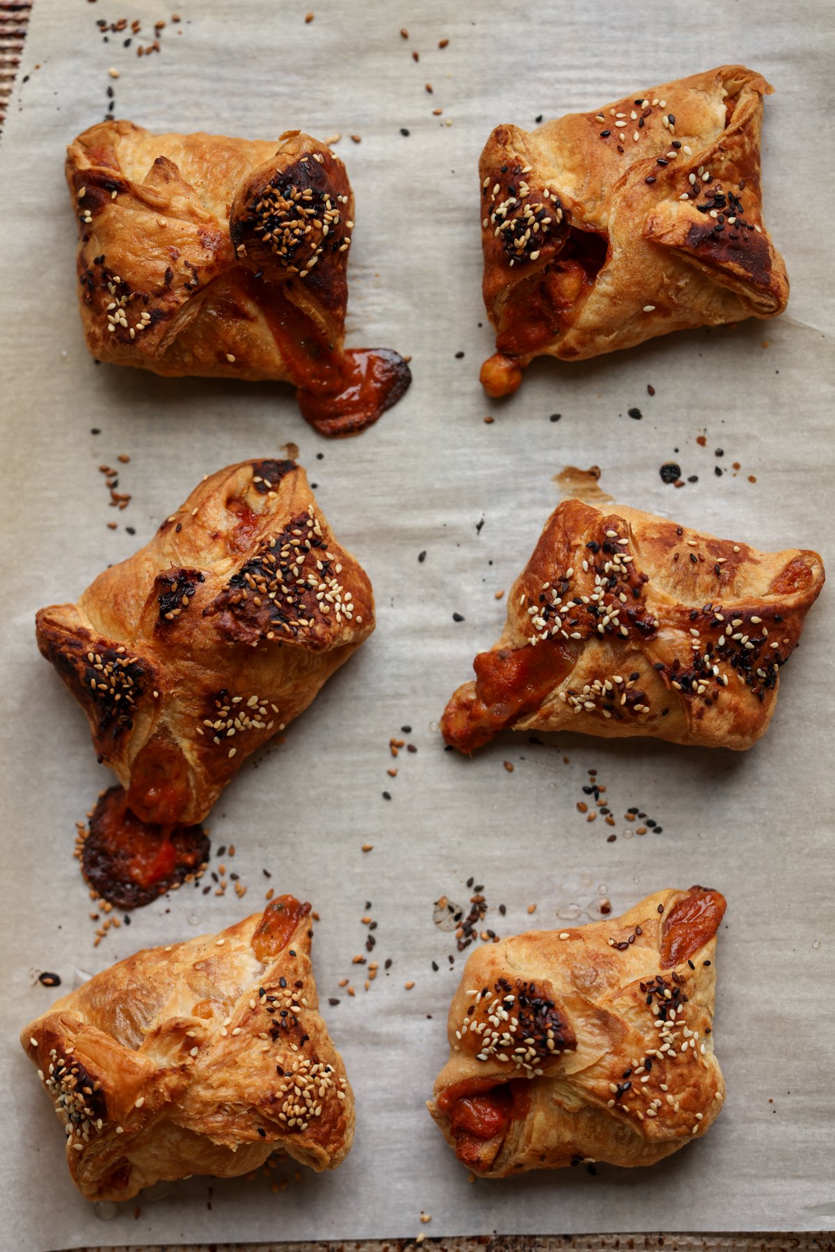 chickpea tikka masala puffs on the baking sheet after baking