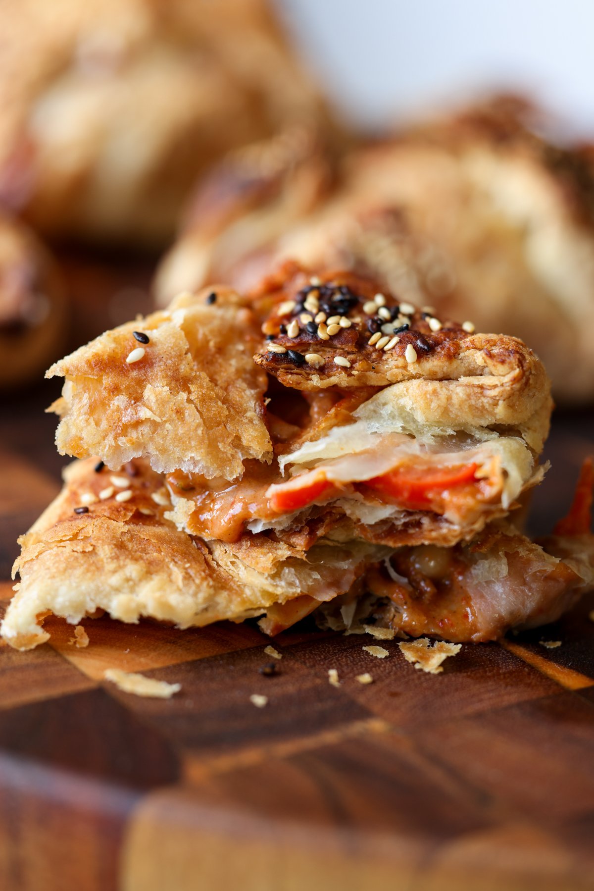 chickpea tikka masala puff torn in half