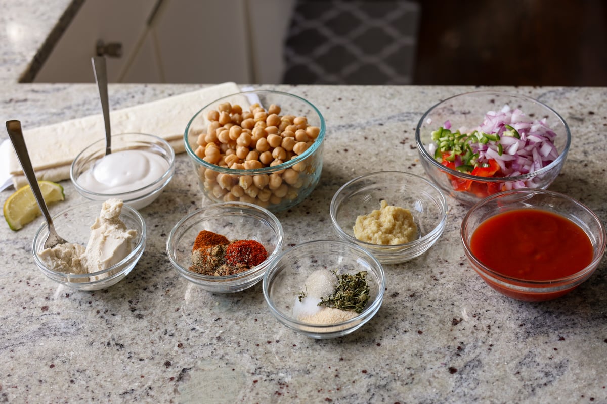 chickpea tikka masala puffs ingredients on the kitchen counter