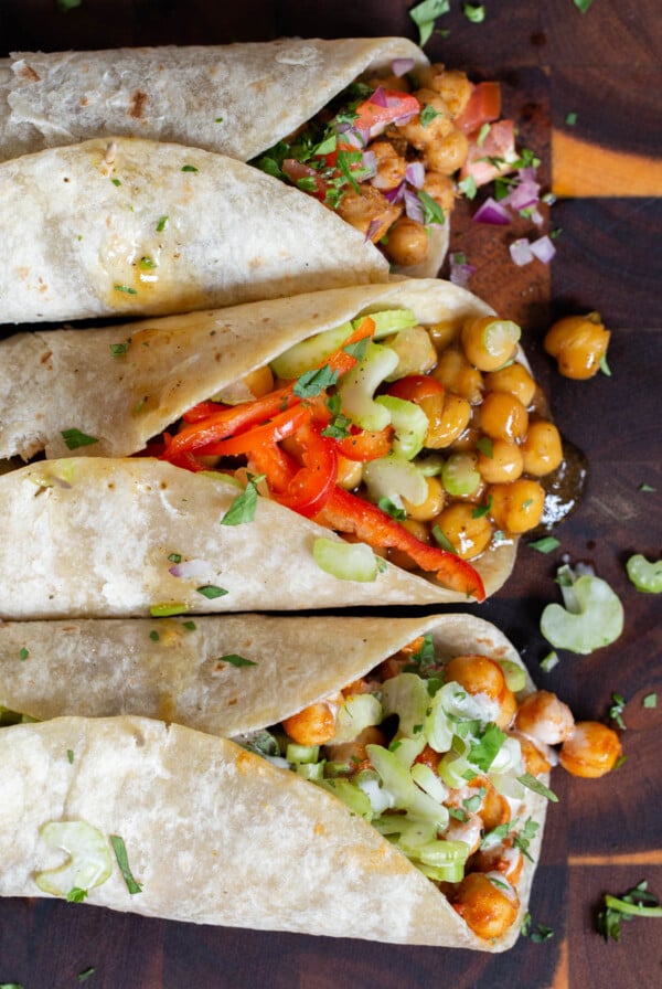 close-up of chickpea wraps, so you can see the fillings and toppings really well