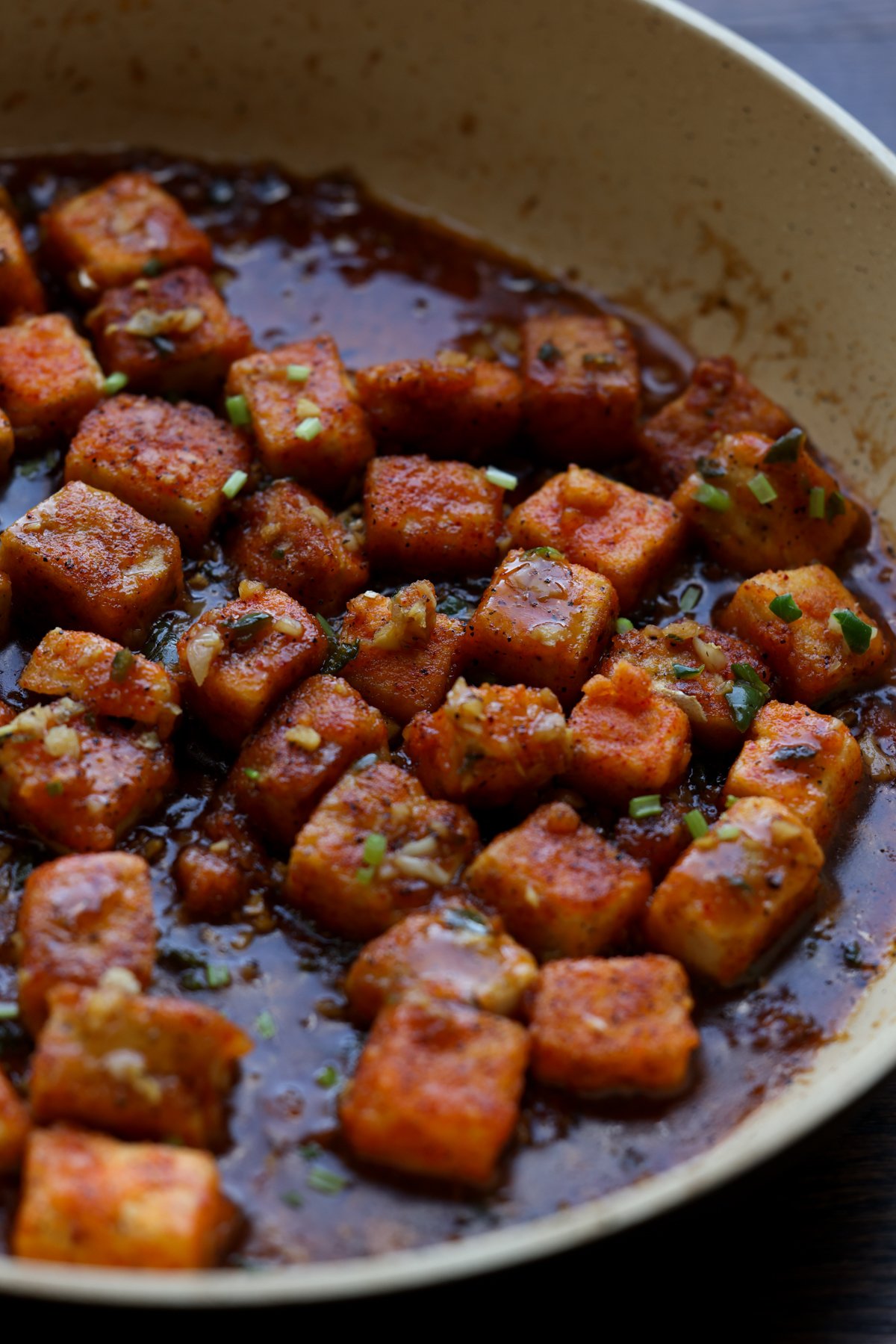 chilli garlic tofu in a pan