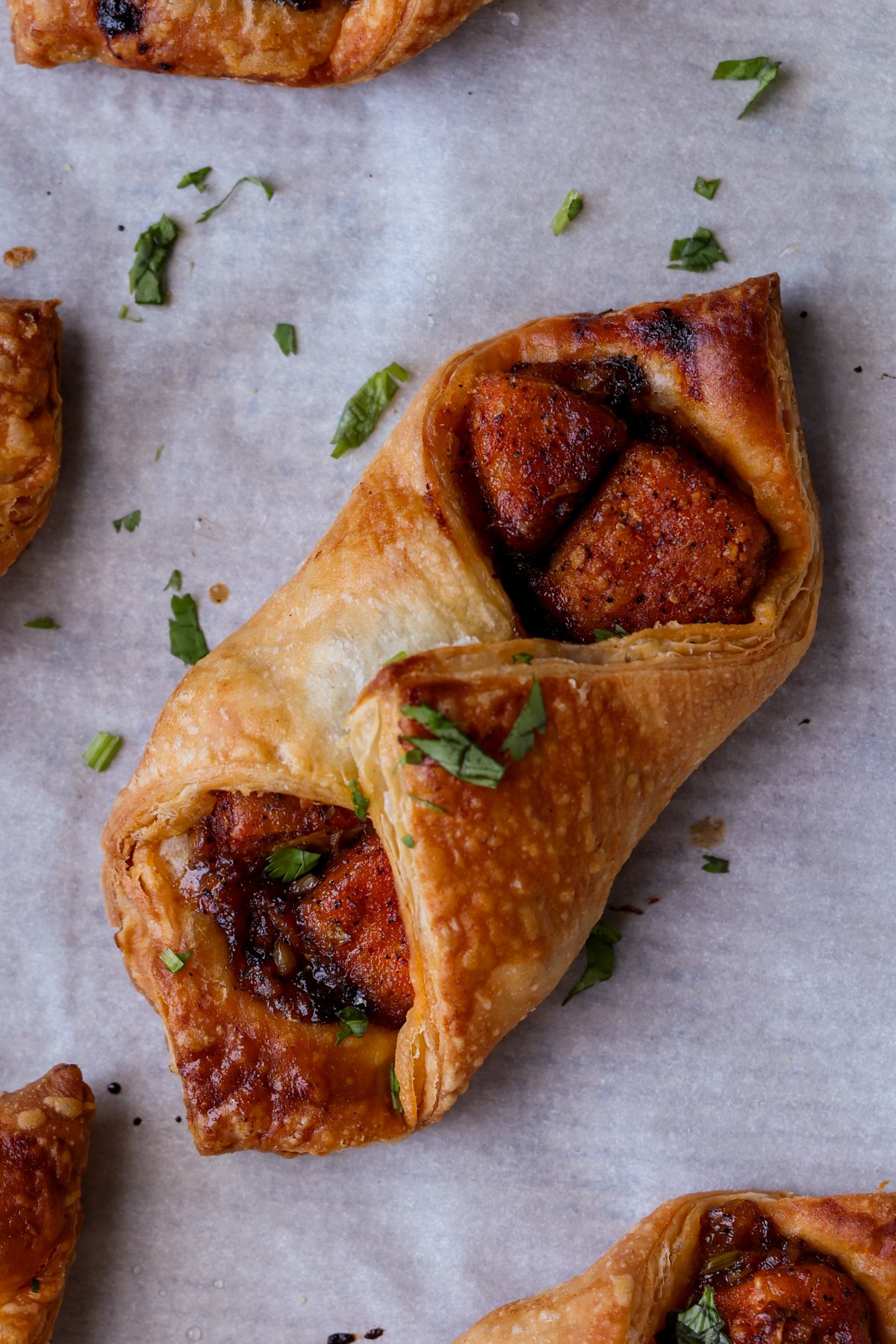 chilli garlic tofu puff pastry on the baking sheet