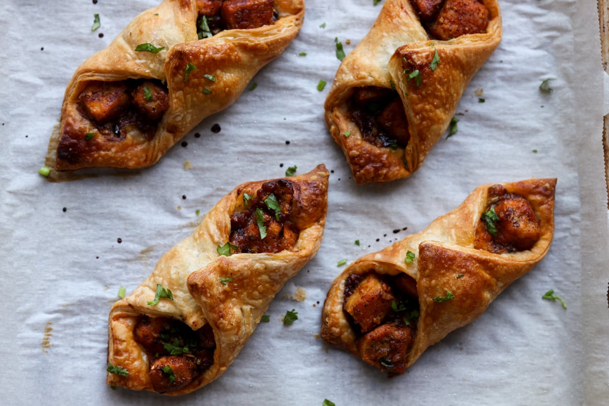 chilli garlic tofu puffs on the baking sheet