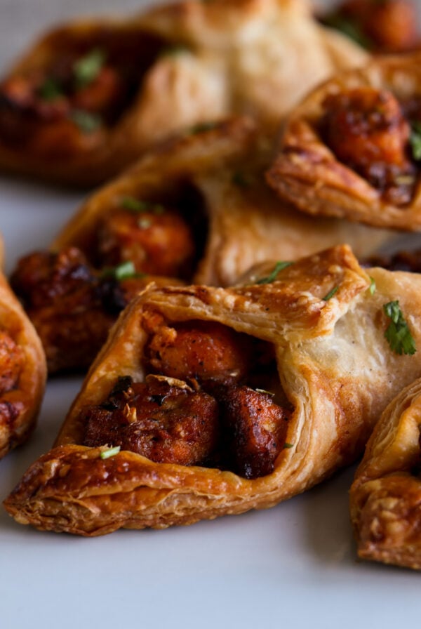 chilli garlic tofu puff pastries on the baking sheet