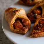 close-up of chilli garlic tofu puff on the baking sheet