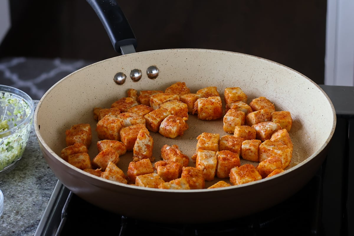 tofu in the pan after flipping