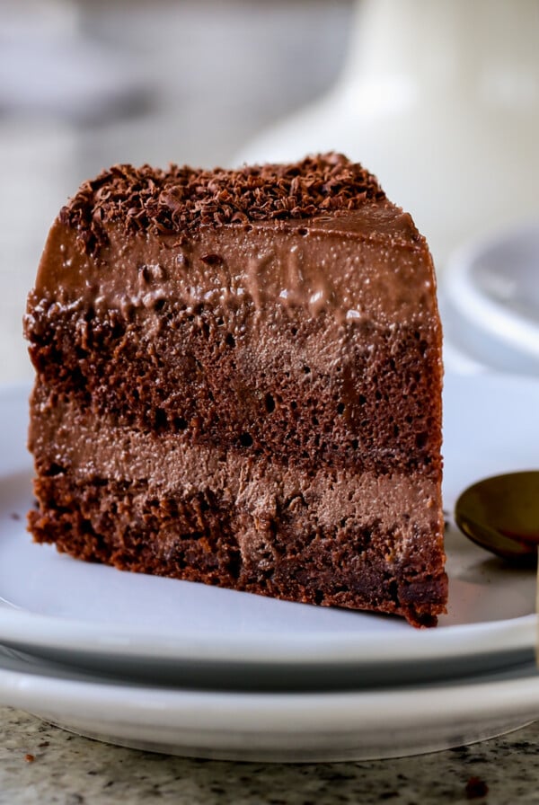 close-up of a slice of vegan mocha cake