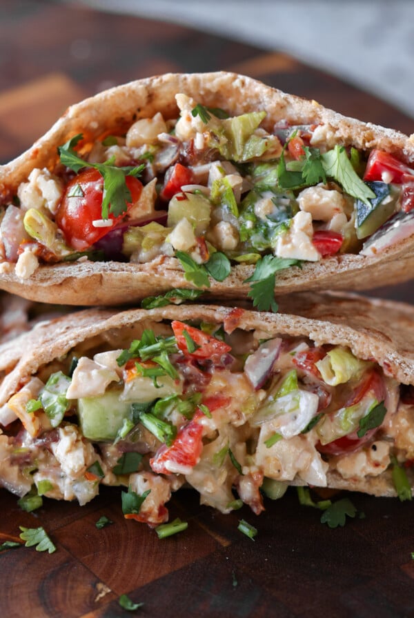 chopped Italian salad sandwich in a pita