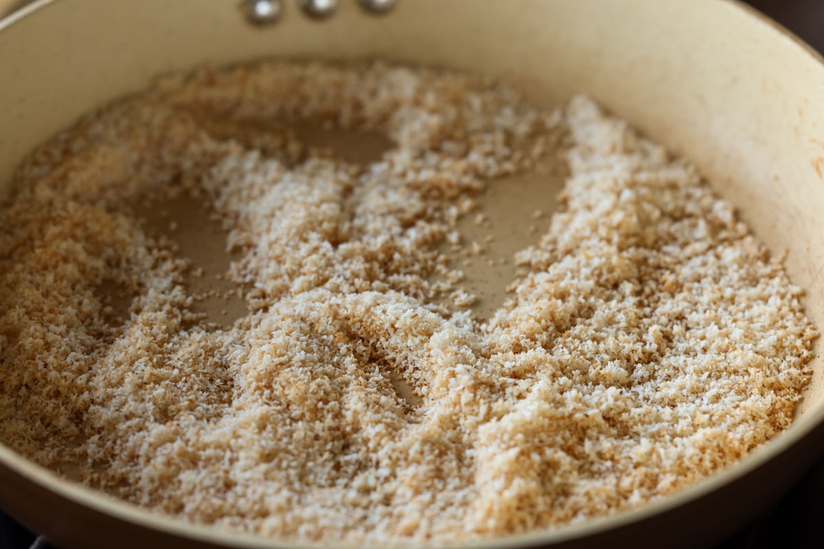 coconut in the pan after toasting