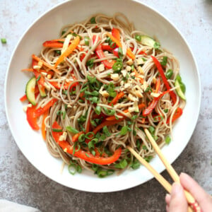 Cold Soba Noodle Salad Recipe. Noodle Salad Bowl with Peppers, Carrots, Zucchini, Green Onion and Sesame Lime Ginger Dressing. Refreshing Summer Salad. #Vegan #Nutfree. #Glutenfree Option, #SoyfreeOption #veganricha #recipe