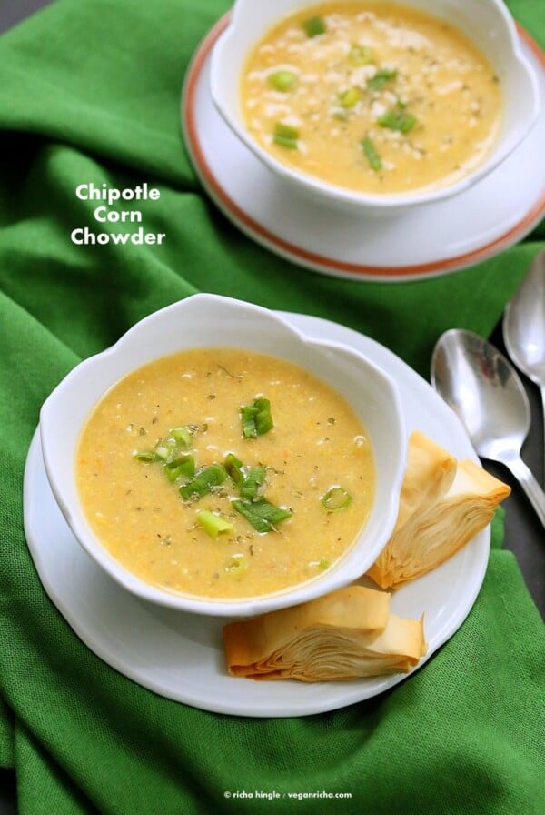 Vegan Chipotle Corn Chowder. Sweet and Spicy Corn Chowder with a garnish of pimientos and parsley. | VeganRicha.com #vegan #glutenfree #recipe #vegan #veganricha