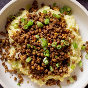 lentil mashed potatoes in a bowl with green onions on top