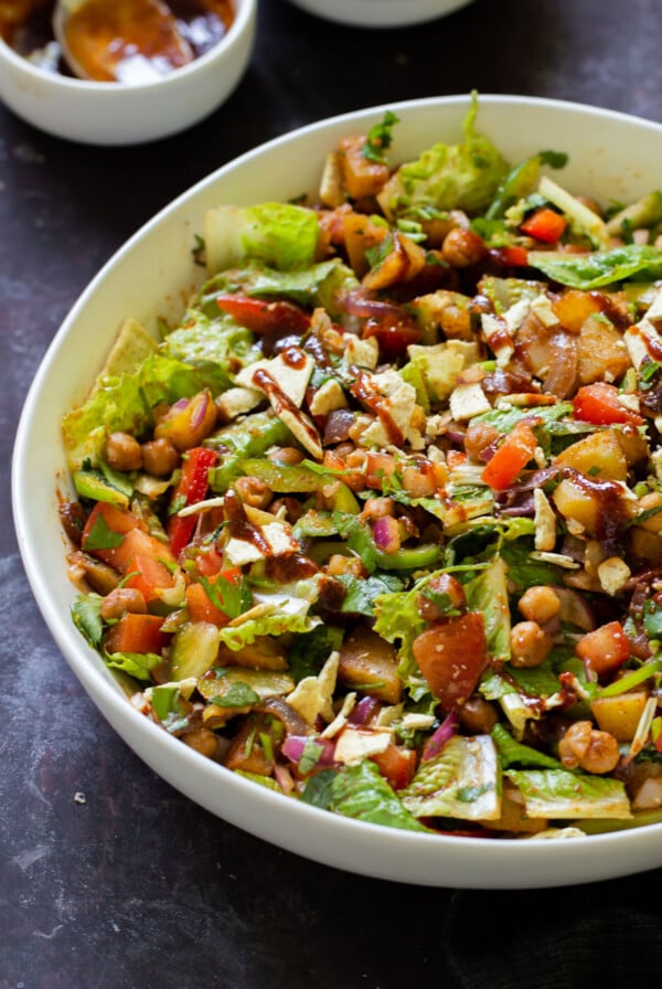 close-up of BBQ chickpea and potato salad in the serving bowl