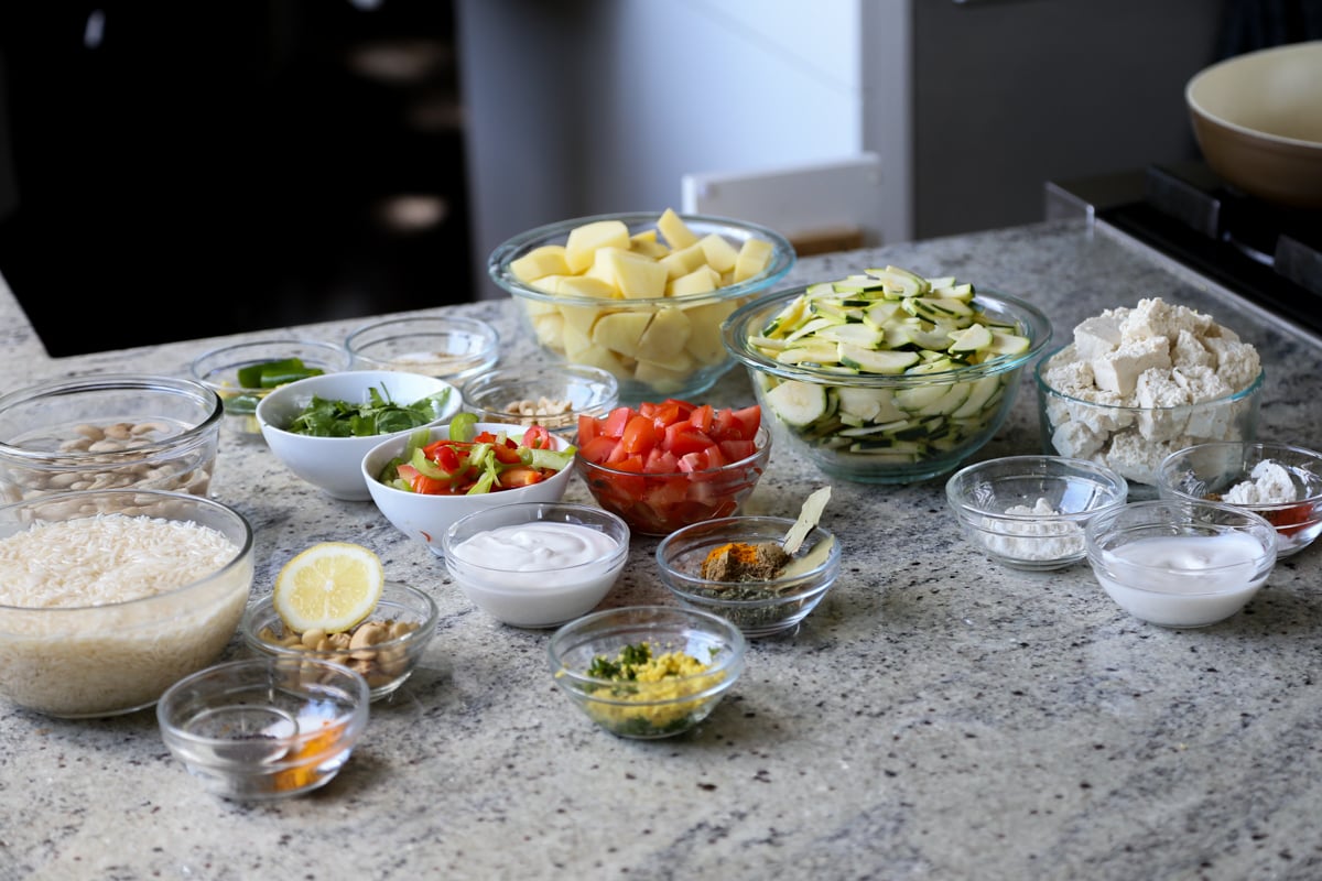 no onion no garlic diwali menu ingredients on the kitchen counter