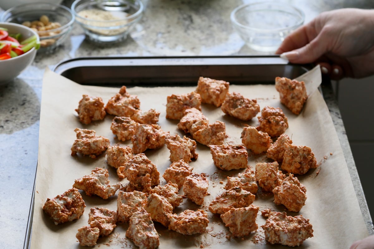 tofu tikka on the baking sheet before baking