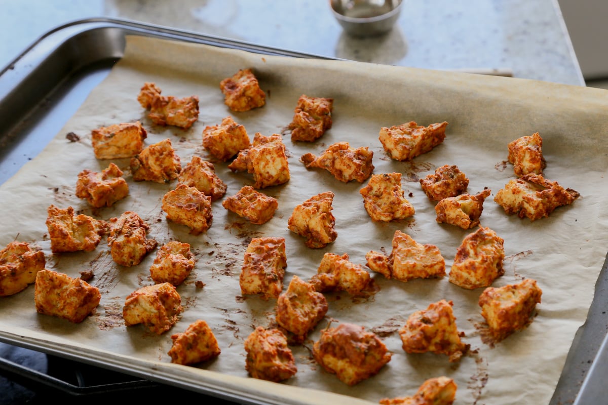 tofu tikka on the baking sheet after baking