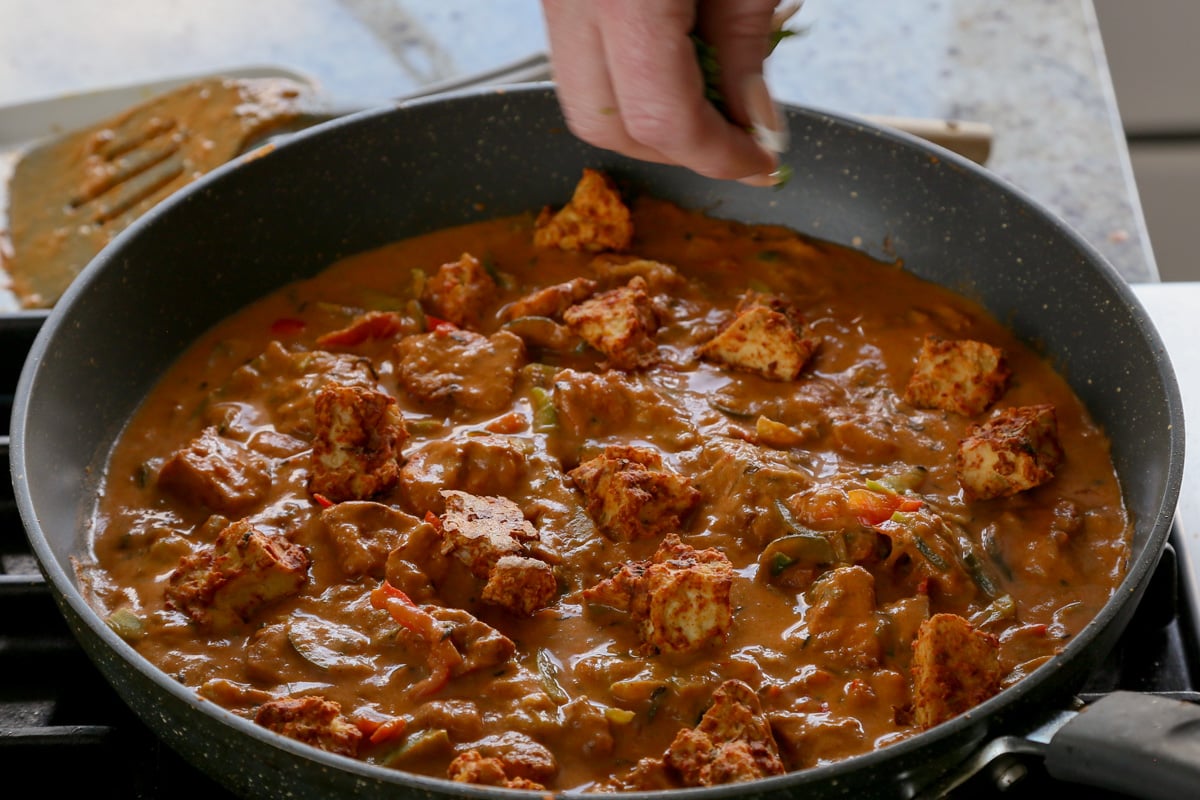 tofu tikka masala in the pan after mixing